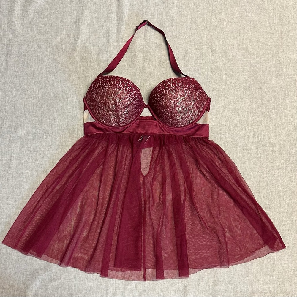 Victoria's Secret Lace Burgundy Babydoll Sleepwear Size 36D